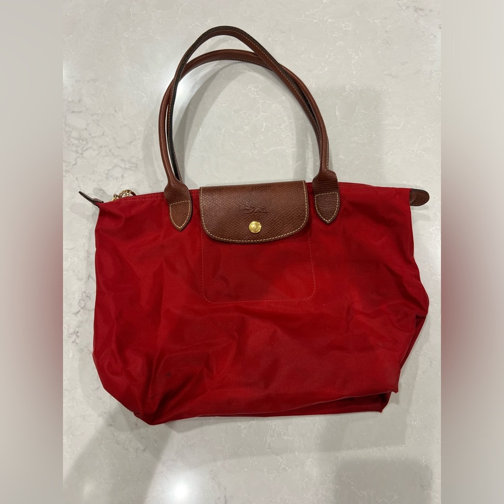 Longchamp Red Nylon Tote with Brown Leather Trim